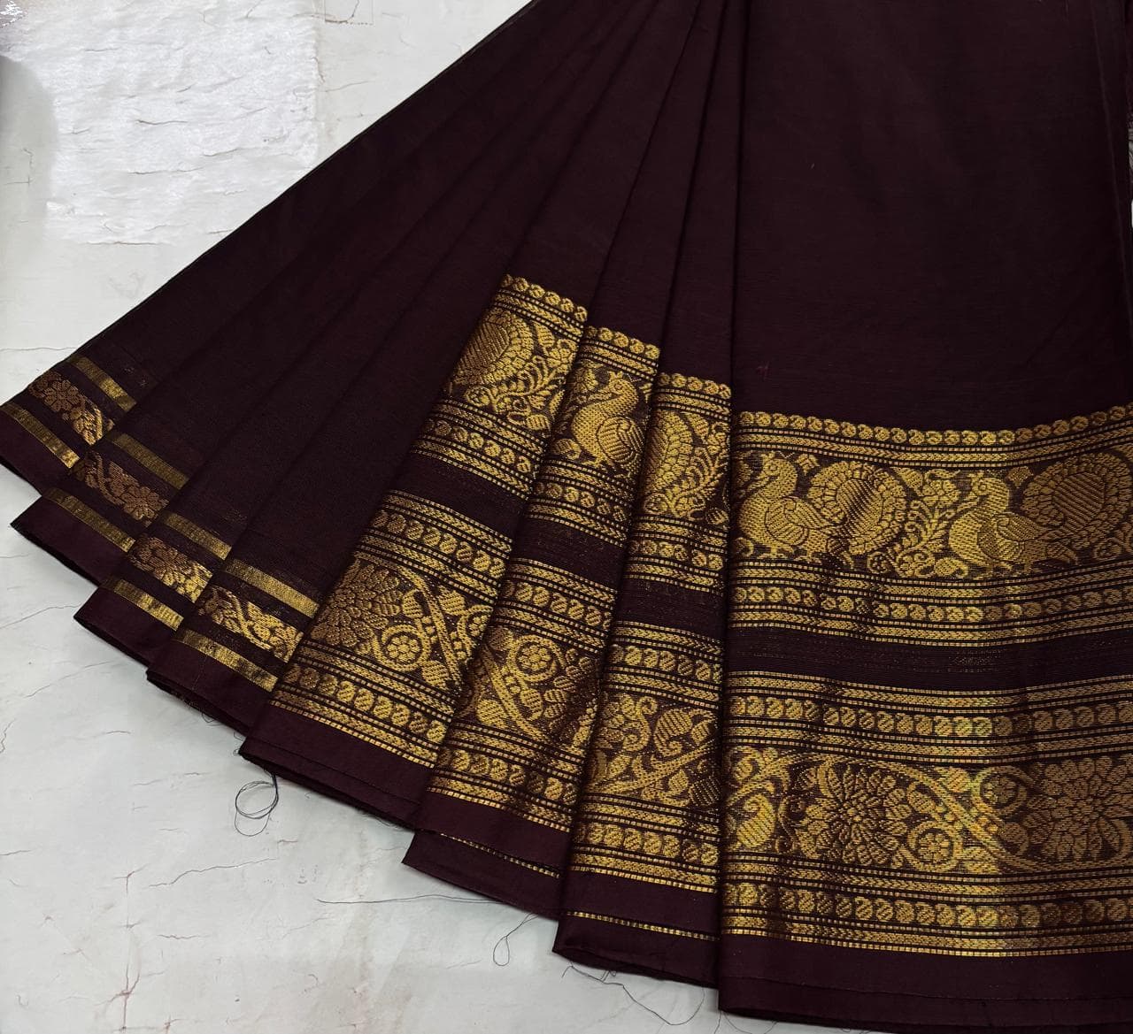 Dark Coffee Brown Kanchi Cotton Saree with Running Blouse