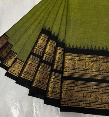 Leaf Green Kanchi Cotton Saree with Black Golden Zari Retta Petta Border and Running Blouse