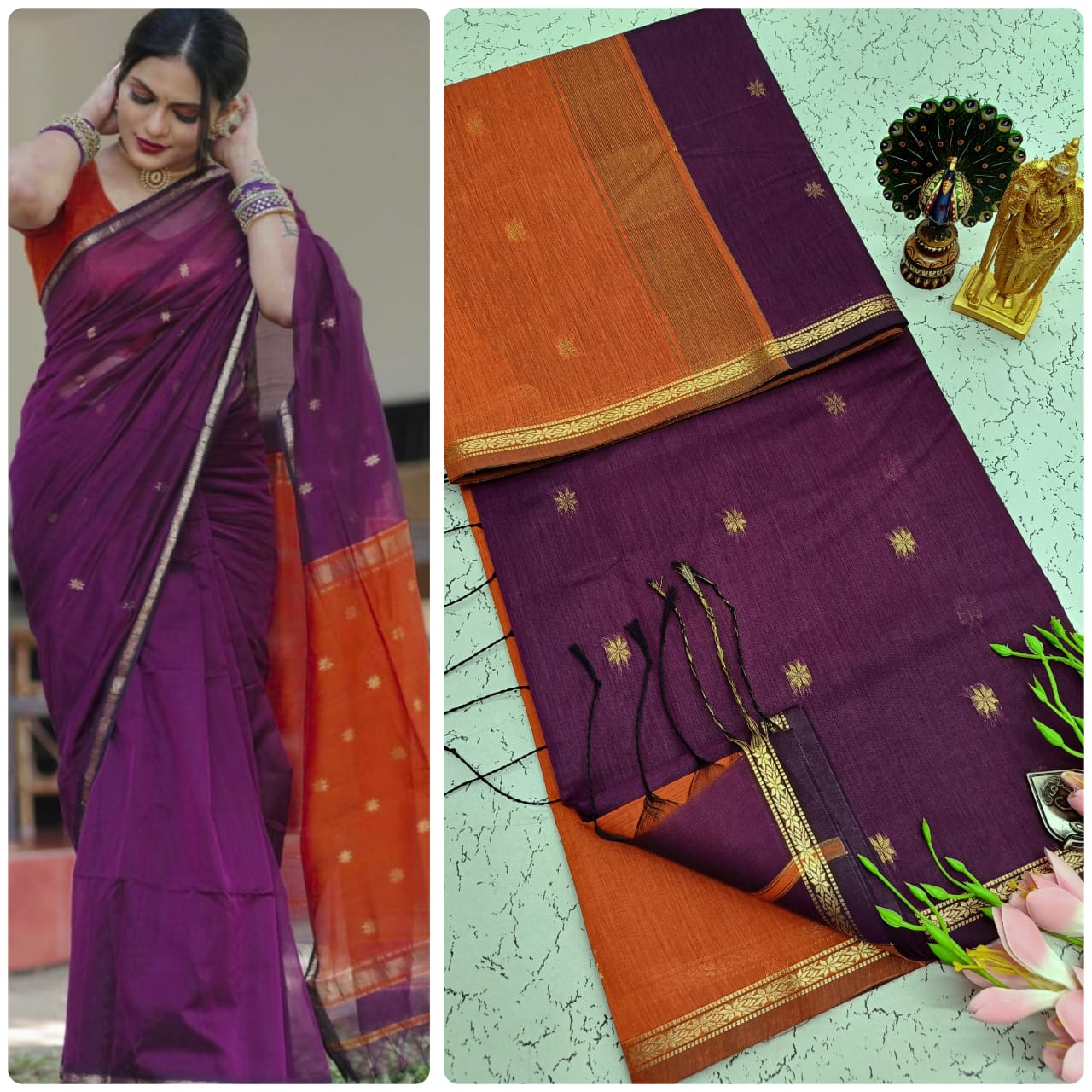 Magenth with Orange border Maheshwari Silk Cotton Saree