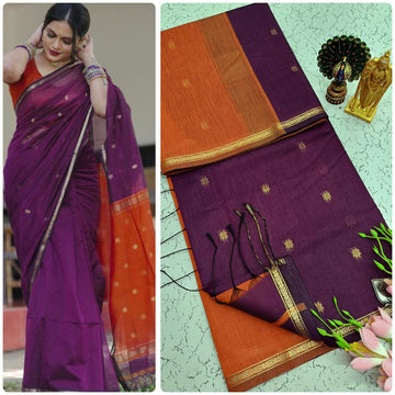 Magenth with Orange border Maheshwari Silk Cotton Saree