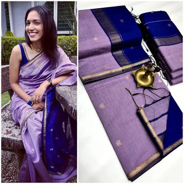 Lavender with Royal Blue Border Maheshwari Silk Cotton Saree