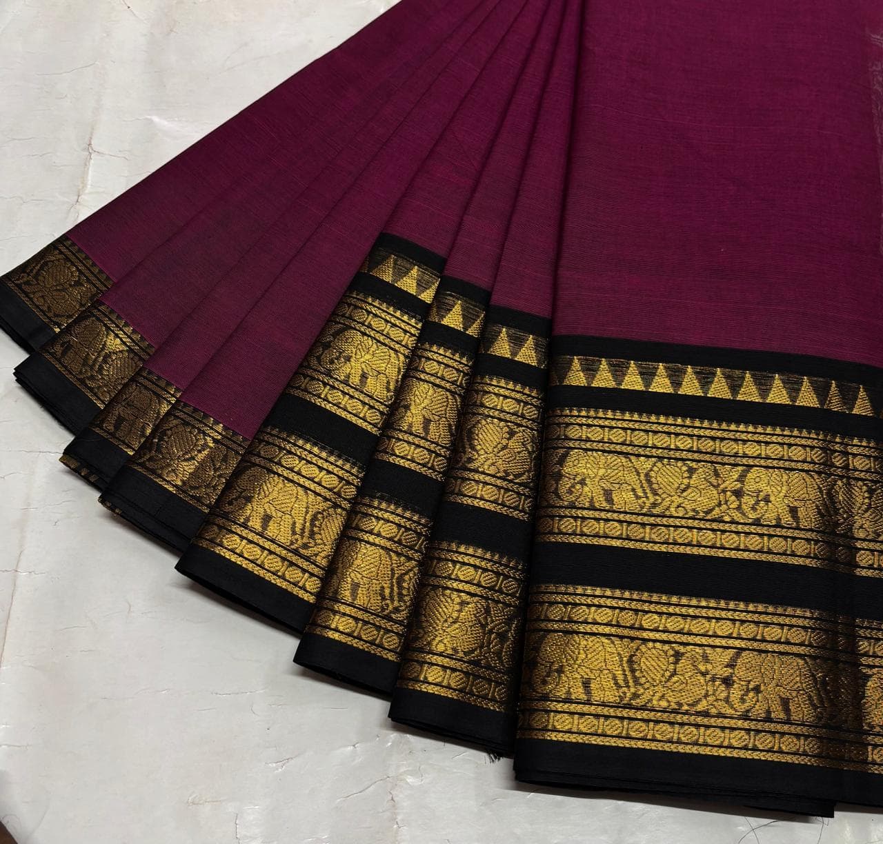 Magenta Kanchi Cotton Saree with Black Golden Zari Retta Petta Border and Running Blouse