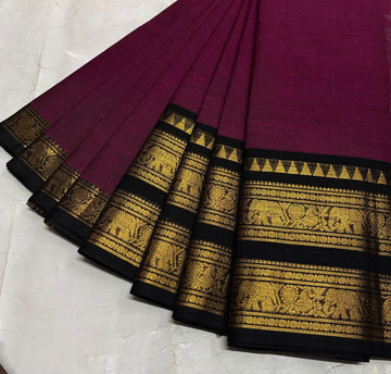 Magenta Kanchi Cotton Saree with Black Golden Zari Retta Petta Border and Running Blouse