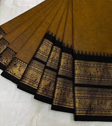 Mustard Kanchi Cotton Saree with Black Golden Zari Retta Petta Border and Running Blouse