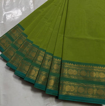 Parrot Green Kanchi Cotton Saree with Golden Zari Retta Petta Border and Running Blouse