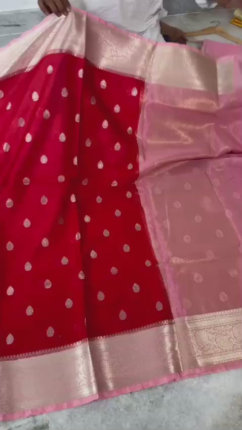 Red with Peach border Banarasi Warm Silk
